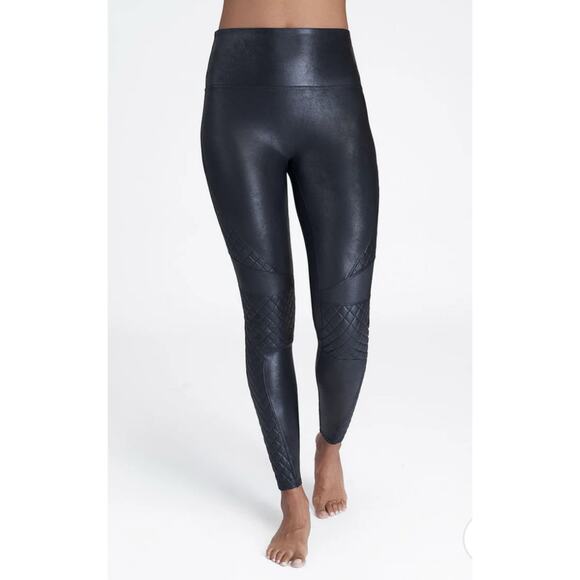 Spanx Quilted Faux Leather Moto Legging Black Stretch Slimming Women's Small - Picture 1 of 11
